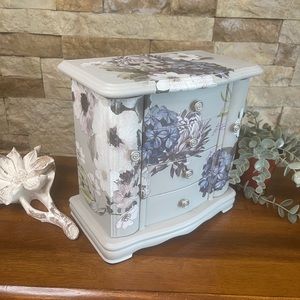 Vintage Jewelry Box Chalk Paint and Transfers Wooden Armoire Light Gray Upcycled
